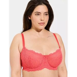 Torrid Curve Pink Lace Unlined Balconette Bra 42D Underwire Criss Cross Straps